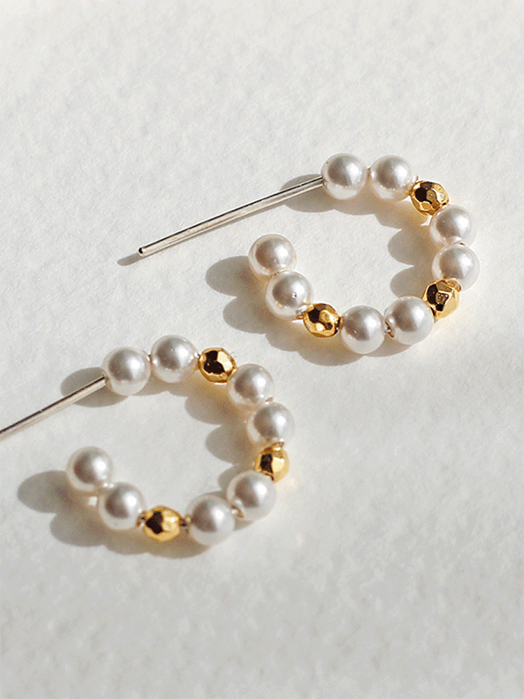925 silver pearl &amp; gold ball hoop earring (스왈진주)